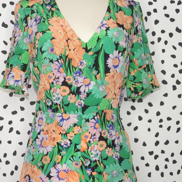 Sandro Green Floral Print V-Neck Eudelin Silk Romper - Picture 4 of 13